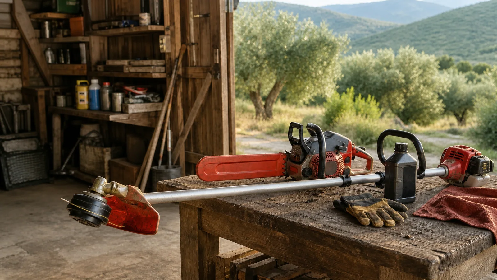 Motosierra y desbrozadora preparadas para mantenimiento de vegetación