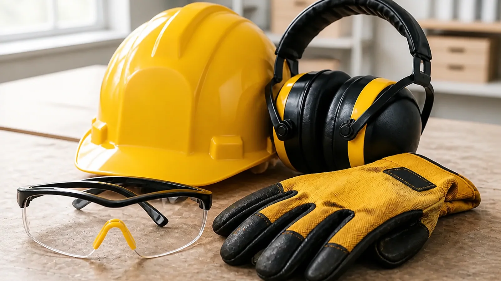 Casco, guantes, gafas y protección auditiva para trabajo